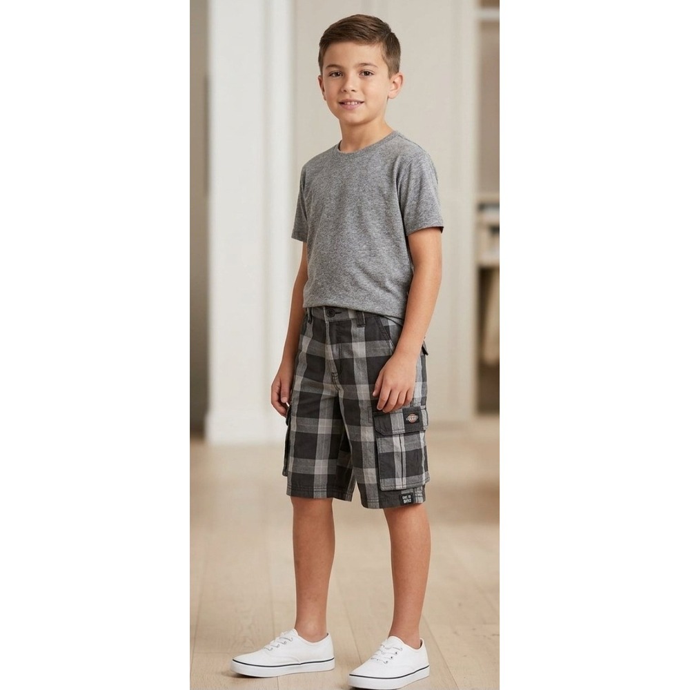 Genuine Dickies Boys Black Grey Plaid Cargo Shorts Size 16 Regular Cotton